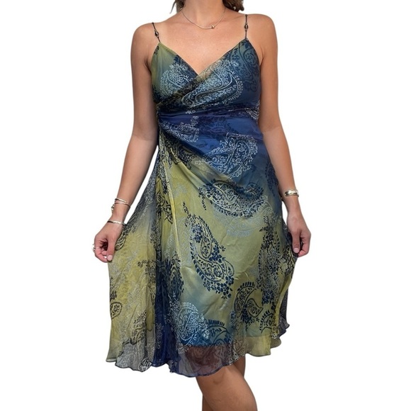 Vintage y2k Laundry by Shelli Segal Beaded Strap Silk Fairy Garden Midi  Dress 6